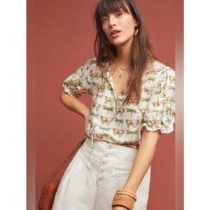 Maeve Anthropologie Butterfly Dragonfly Print Blouse Size 6 White Yellow